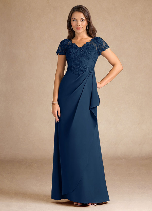 ＰＡＮＯＲＭＯ⭐︎ LACE SLEEVE DRESS ネイビー Azazie Santa Ana Dark Navy A-Line Lace Stretch Satin Dress | Azazie