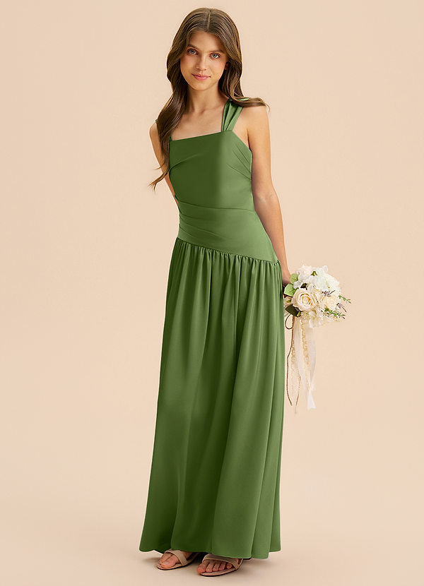 Azazie Dotty Junior Juniper A-Line Pleated Stretch Satin Dress image1