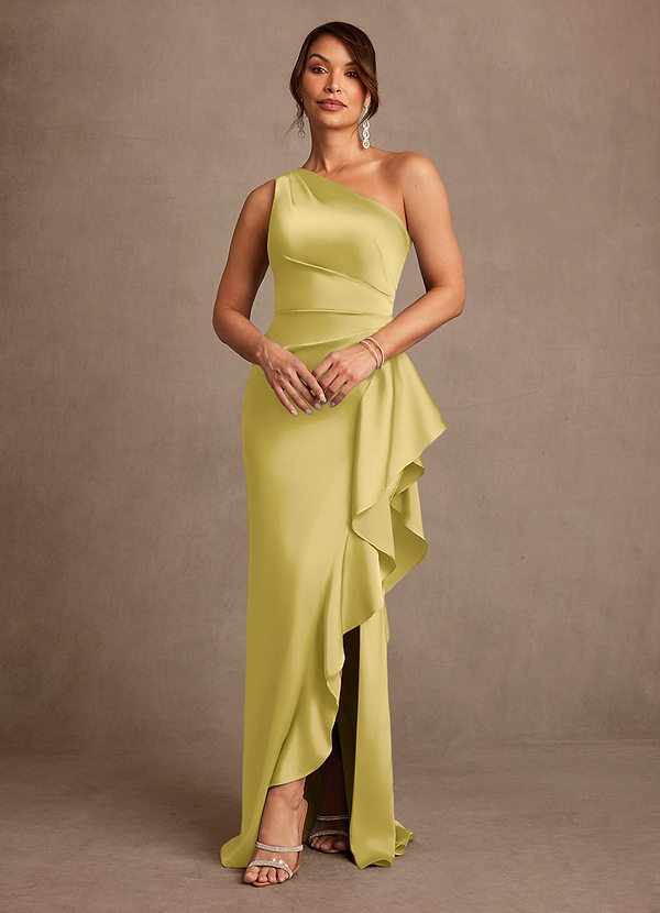 Azazie Yvette Mother of the Brides Dresses Canary Sheath One Shoulder Stretch Satin Dress image1