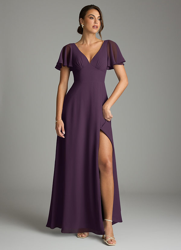 Azazie Kimber Bridesmaid Dresses Plum A-Line Flounce Sleeve Chiffon Dress image1
