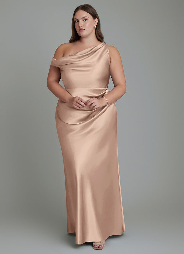 Azazie Emerson Vestidos de dama de honor Vestido Gris Pardo de Satén Metálico de Corte Sirena con Hombros descubiertos image1