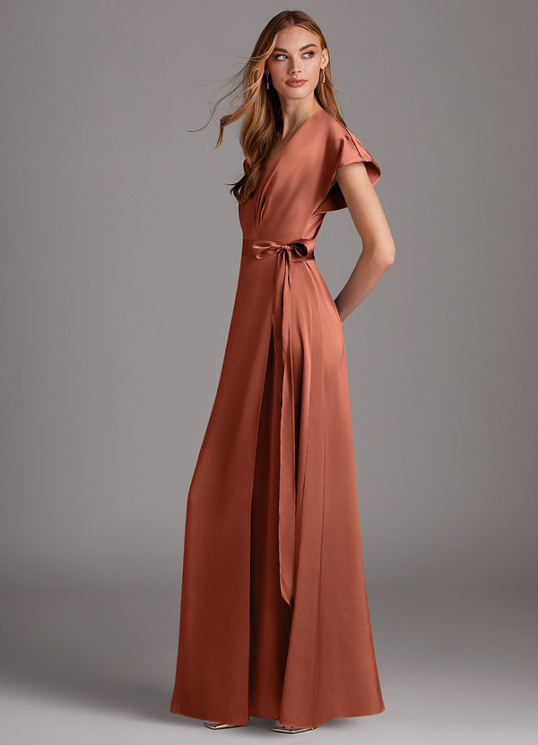 Azazie Nico Bridesmaid Dresses Clay A-Line V-Neck Stretch Satin Dress image1