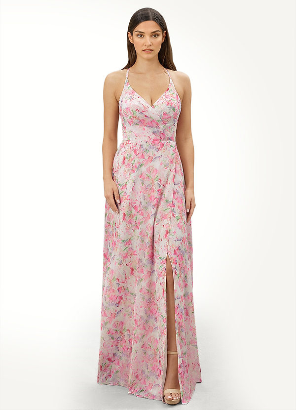 Azazie Davis Bridesmaid Dresses Abstract Watercolor Floral Flowy V-Neck Chiffon Dress image1