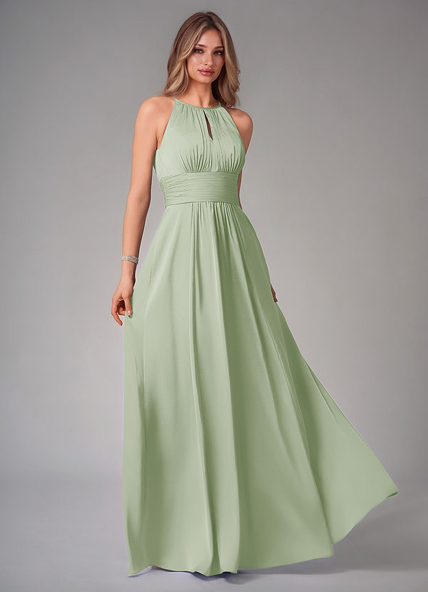 Azazie Bonnie Bridesmaid Dresses Dusty Sage A-Line Pleated Stretch Satin Dress image1