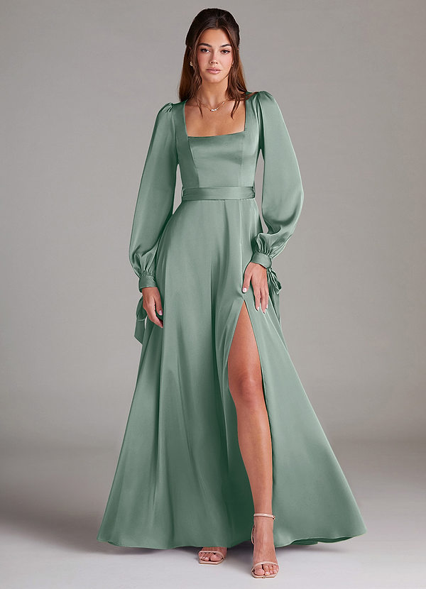 Azazie Leonia Robes Demoiselle d'honneur Robe Trapèze en Satin extensible Manche longue Sauge D'argent image1