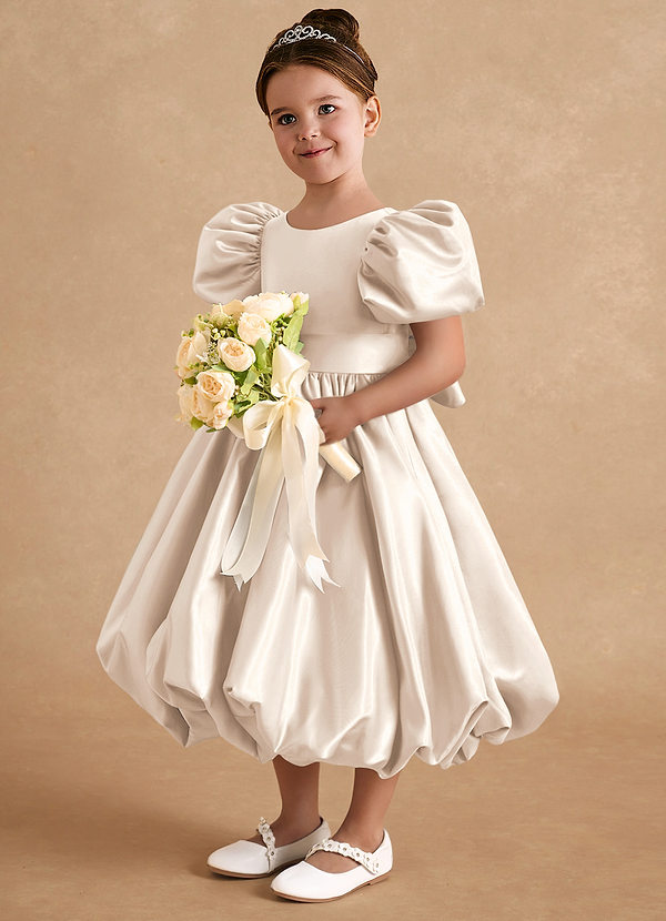 Azazie Jellybean Flower Girl Dresses White Alabaster Ball-Gown Ruched Matte Satin Dress image1