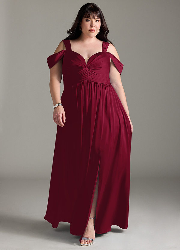 Azazie Lianne Bridesmaid Dresses Burgundy A-Line Off the Shoulder Stretch Satin Dress image1