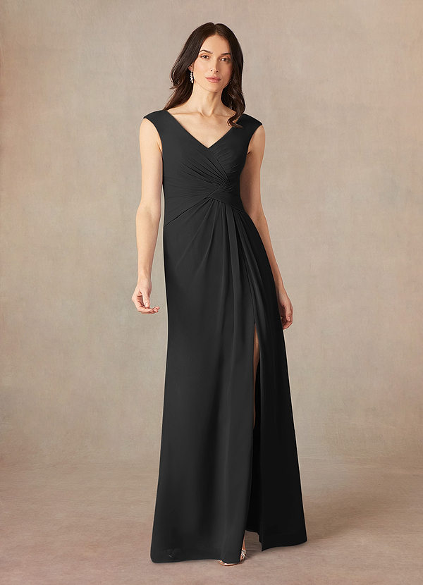 Azazie Sally Mother of the Brides Dresses Black A-Line V-Neck Pleated Chiffon Dress image1