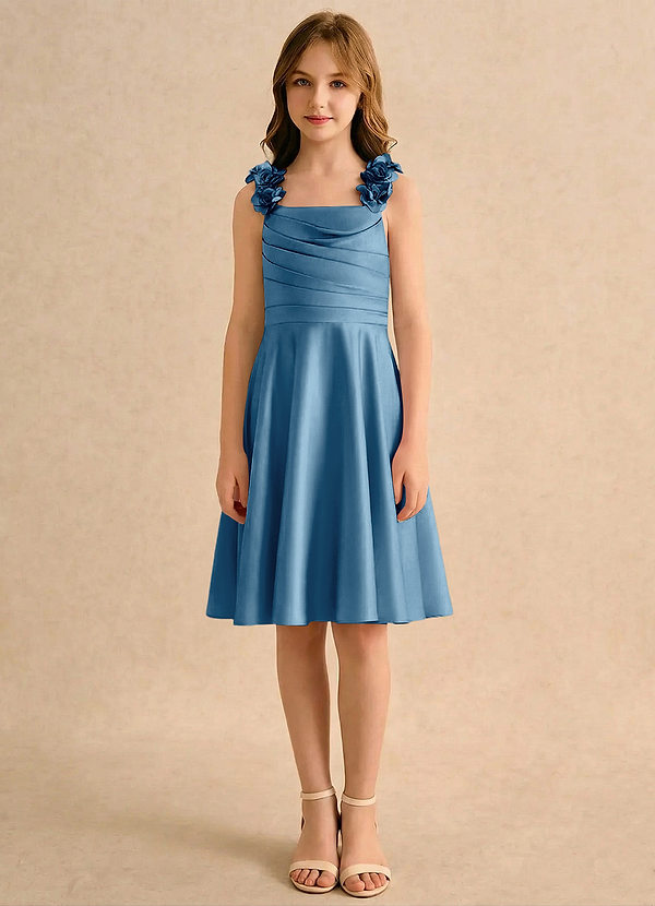 Azazie Resa Girls Formal Sukienki dla dziewczynek sypiących kwiaty Linia A Pofałdowany Matowy satynowy Długość do kolan Sukienka image1