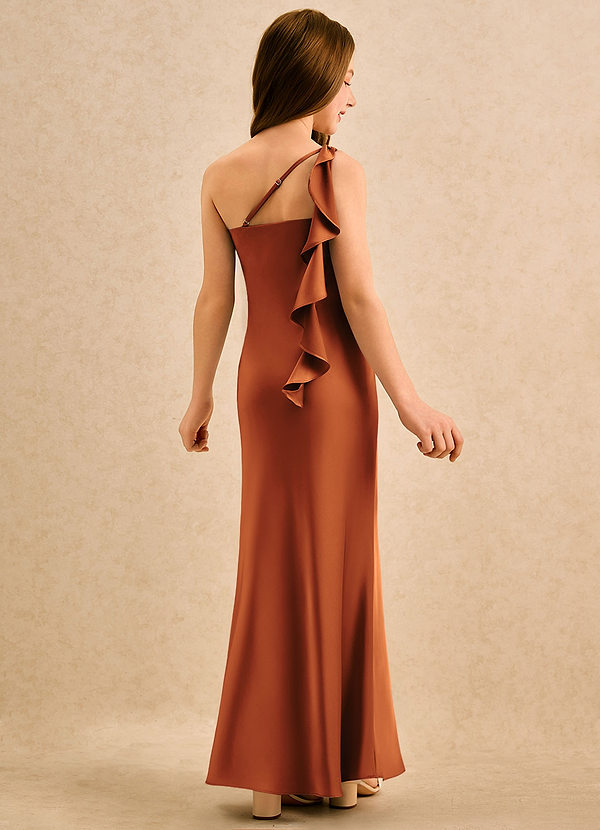 Azazie Almond Girls Formal Robes de Fillette d'Honneur Robe Fourreau en Satin extensible Une épaule Cannelle image1