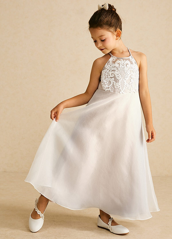 Azazie Ladybug Abiti da Ragazza di Fiori Abito A-Line in Organza Pizzo Alabastro Bianco image1