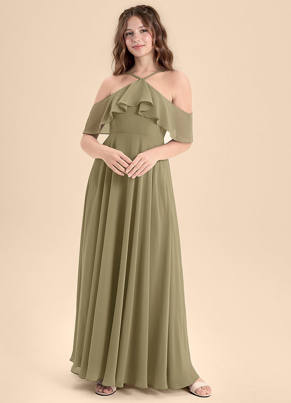Azazie Tessabelle Junior Abito A-Line in Chiffon a Spalla Scoperta Verde Muschio image1
