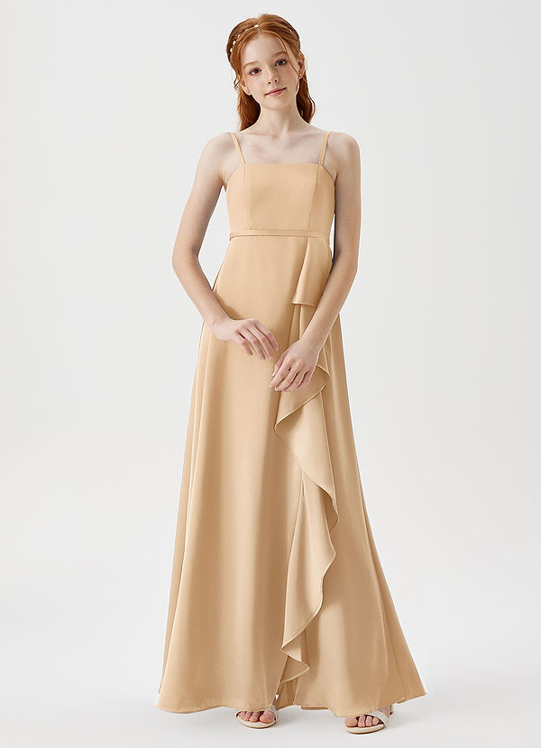Azazie Kaylee Junior Gold A-Line with Belt Stretch Satin Dress image1