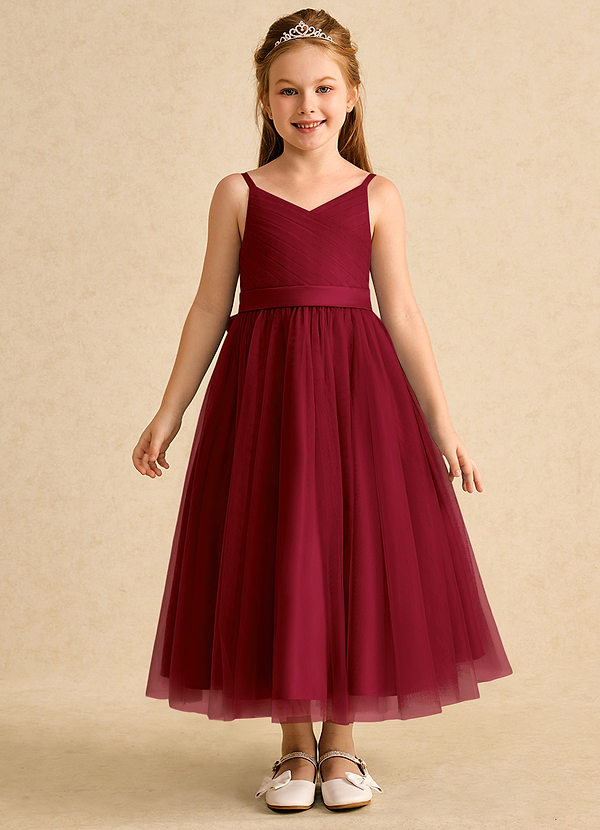 Azazie Patootie Vestidos de Niña de Flores Vestido de Borgoña de Tul de Corte En A con Tirante Espagueti image1