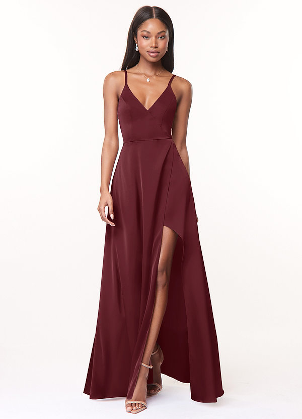 Azazie Maksim Bridesmaid Dresses Cabernet A-Line V-Neck Stretch Satin Dress image1