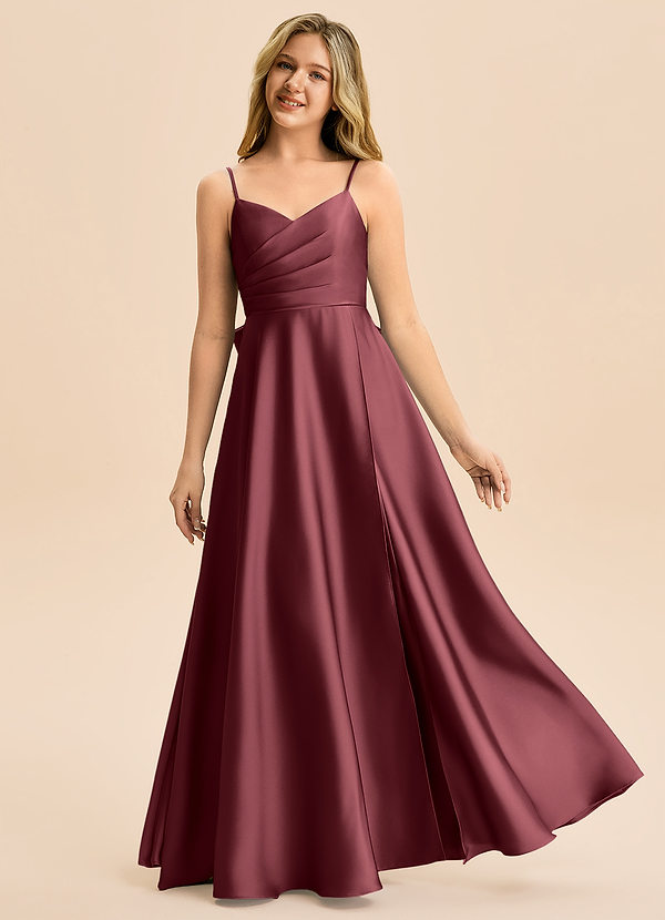 Azazie Rumi Junior Vestido de Merlot de Satén Elástico de Corte en A con Plisado image1