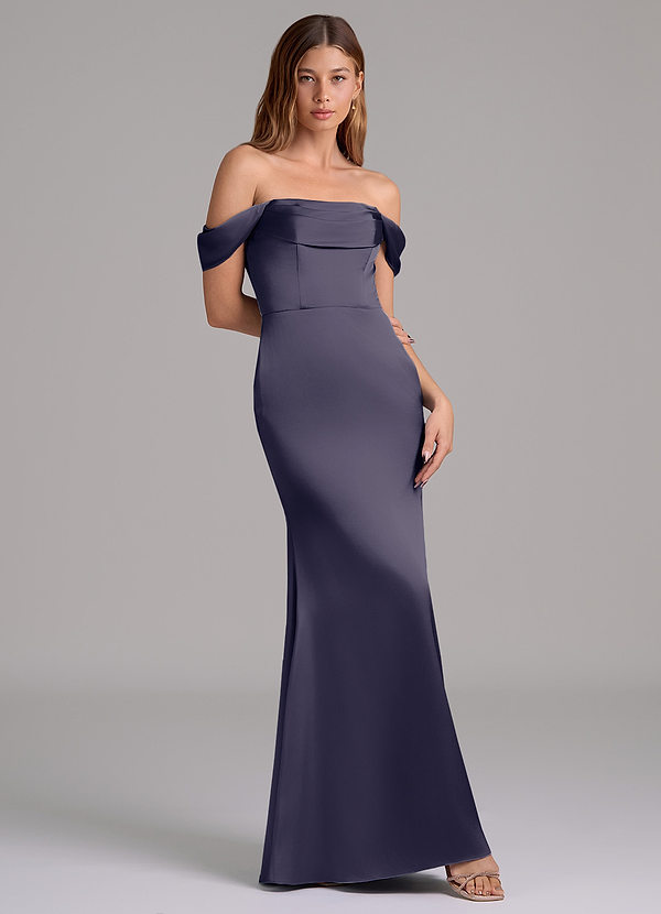 Azazie Miley 신부 들러리 드레스 인어 오프 더 숄더 스트레치 새틴 바닥 길이 드레스 image1