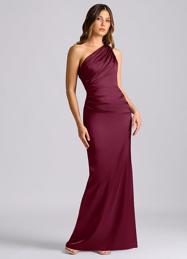 Azazie Akilah Bridesmaid Dresses Mulberry Mermaid One Shoulder Stretch Satin Dress image1