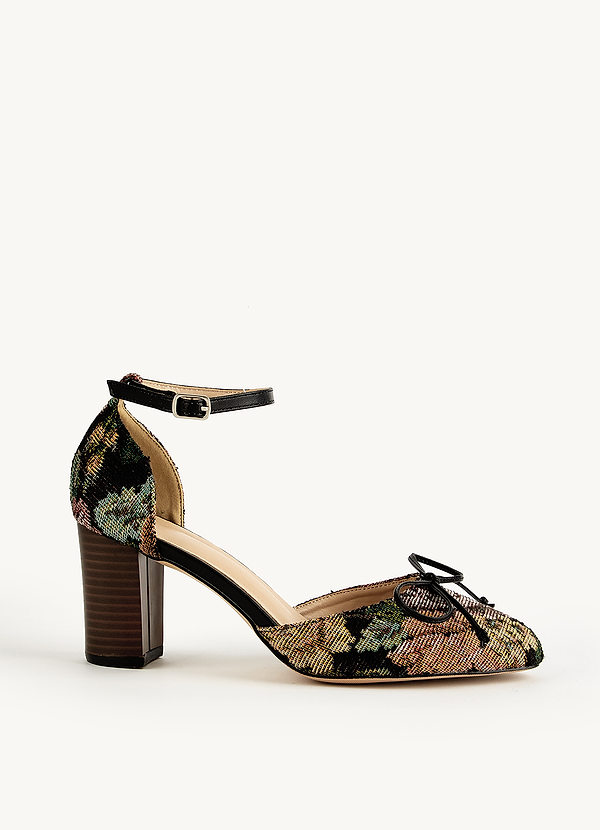 front Floral Tapestry Ankle Strap Block Heels