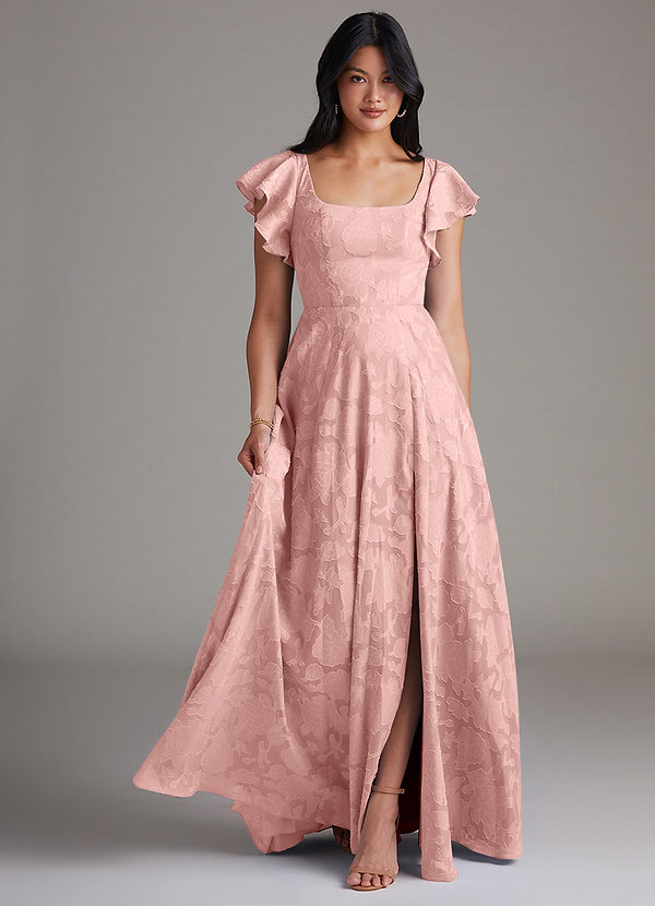 Azazie Bondi Bridesmaid Dresses Powder Pink A-Line Side Slit Floral Burnout Dress image1