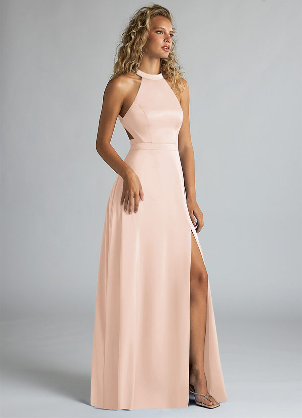 Azazie Clarice Bridesmaid Dresses Blushing Pink A-Line High Neck Stretch Satin Dress image1