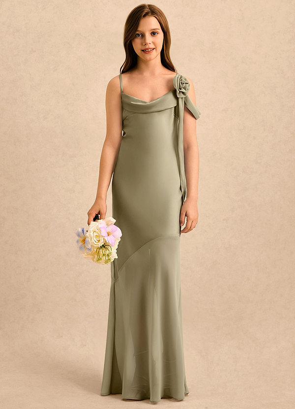 Azazie Kai Girls Formal Sukienki dla dziewczynek sypiących kwiaty Osłona Pofałdowany Satyna elastyczna Długość podłogi Sukienka image1