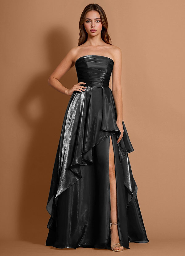 Dahlia Black Satin Faced Chiffon Ruffled A-line Prom Dress image1