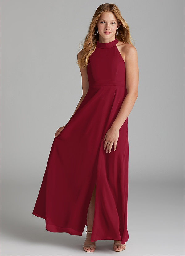 Azazie Clarice Junior Burgundy A-Line Side Slit Chiffon Dress image1