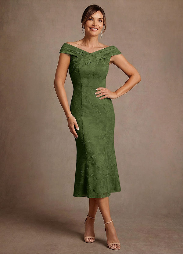 Azazie Keith Mother of the Brides Dresses Olive Sheath Pleated Floral Burnout Dress image1