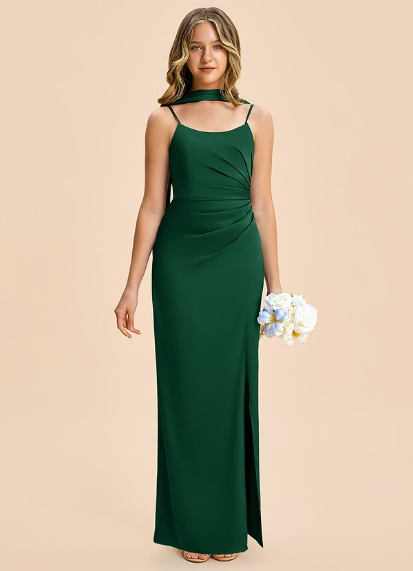 Azazie Calandra Junior Vestido Verde Oscuro de Satén Elástico de Corte Recto con Plisado image1