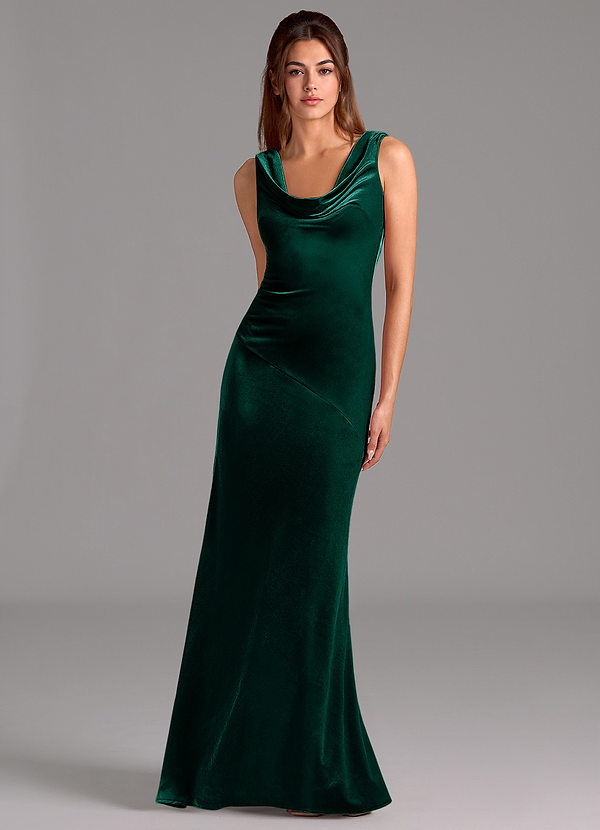 Azazie Rylina Vestidos Dama de Honor Vestido de Esmeralda de terciopelo de Corte Sirena con Lazo image1