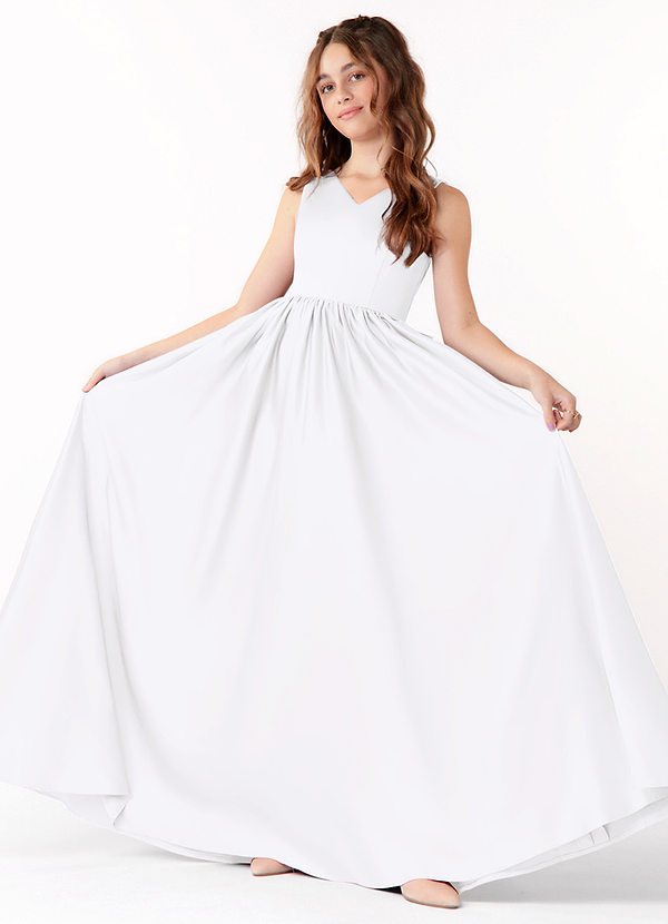 Azazie Hathaway Junior White A-Line Bow Matte Satin Dress image1