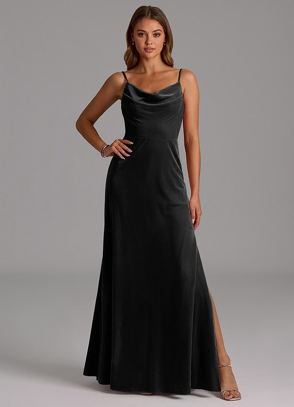 Azazie Olaine Vestidos Dama de Honor Vestido de Negro de terciopelo de Corte en A con Plisado image1