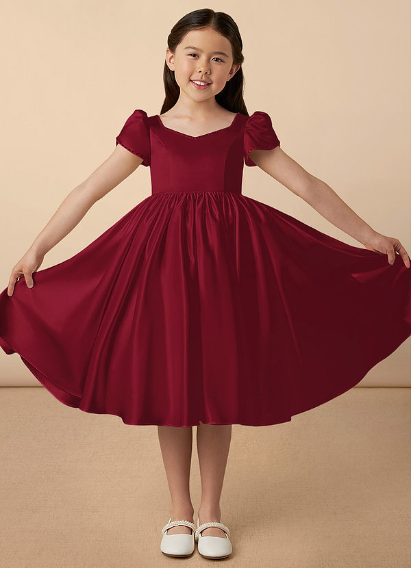 Azazie Juno Flower Girl Dresses Burgundy A-Line Sweetheart Neckline Matte Satin Dress image1