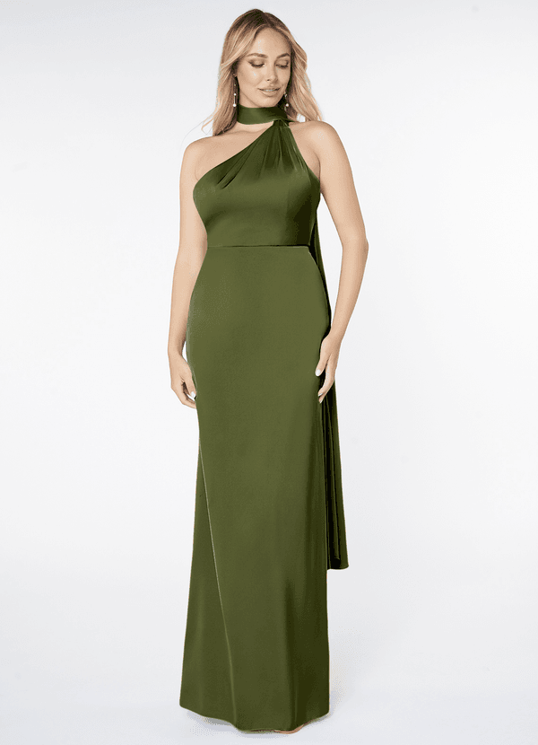 Azazie Kaylani Bridesmaid Dresses Olive Mermaid High Neck Stretch Satin Dress image1