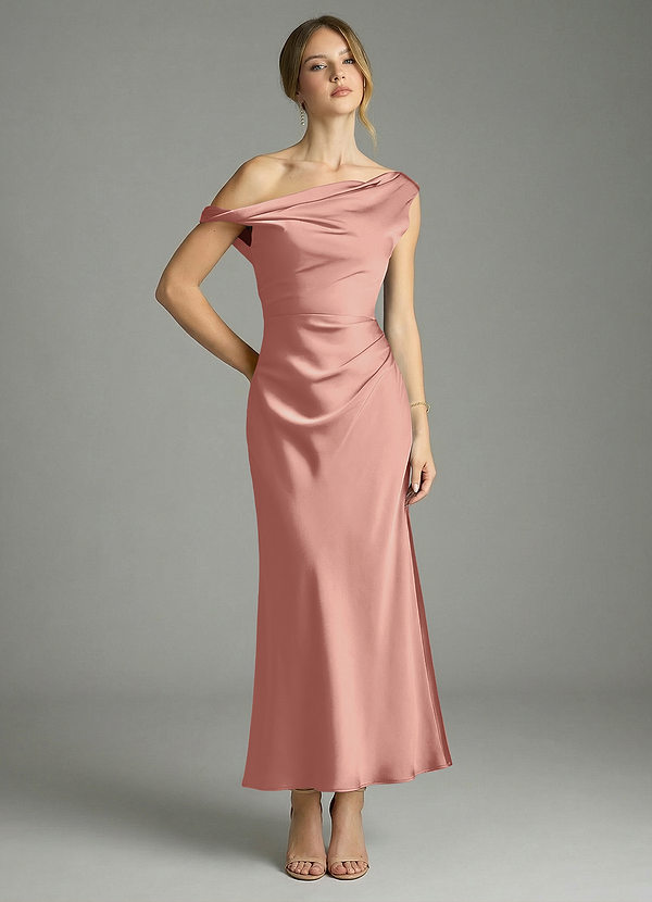 Azazie Emerson Bridesmaid Dresses Rosette Mermaid Off the Shoulder Stretch Satin Dress image1