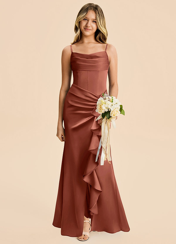 Azazie Rosalia Junior Auburn Sheath Pleated Stretch Satin Dress image1
