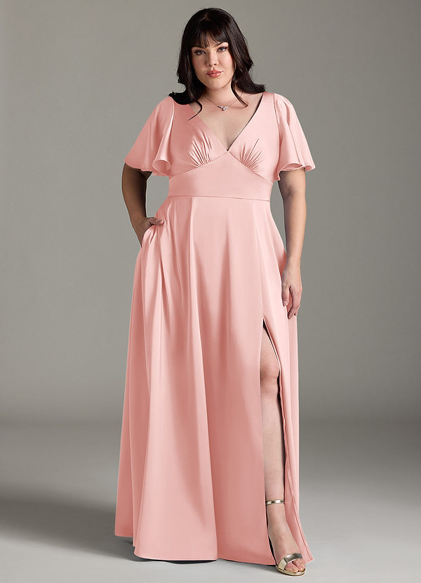 Azazie Kimber Bridesmaid Dresses Powder Pink A-Line Ruched Stretch Satin Dress image1