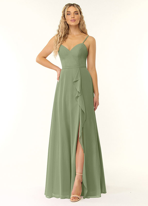 Azazie Naeem Bridesmaid Dresses Pistachio A-Line V-Neck Ruffle Chiffon Dress image1