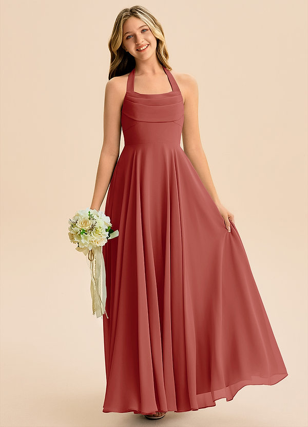 Azazie Kady Junior Vestido de Terracota de Gasa de Corte en A con Escote de Corazón image1