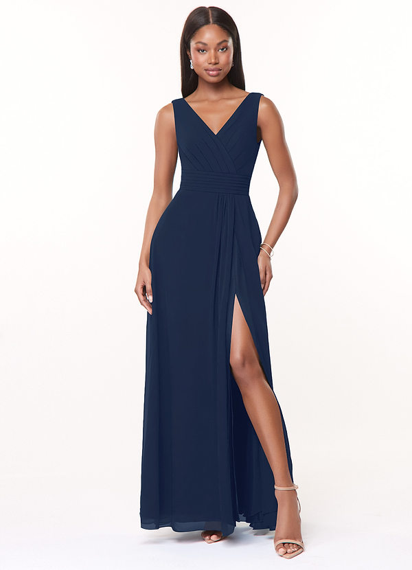 Azazie Karina Bridesmaid Dresses Dark Navy A-Line Pleated Chiffon Dress image1