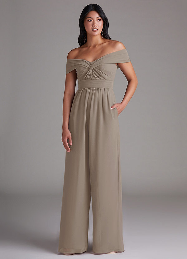 Azazie Lamara Bruidsmeisjes Jurken Converteerbaar Jumpsuit van Chiffon Off the Shoulder Taupe image1