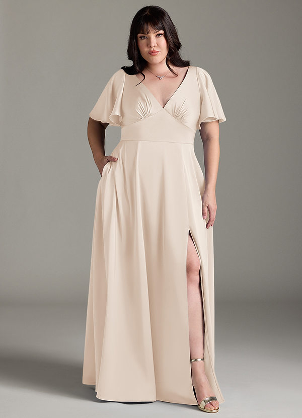 Azazie Kimber Bridesmaid Dresses White Alabaster A-Line Ruched Stretch Satin Dress image1