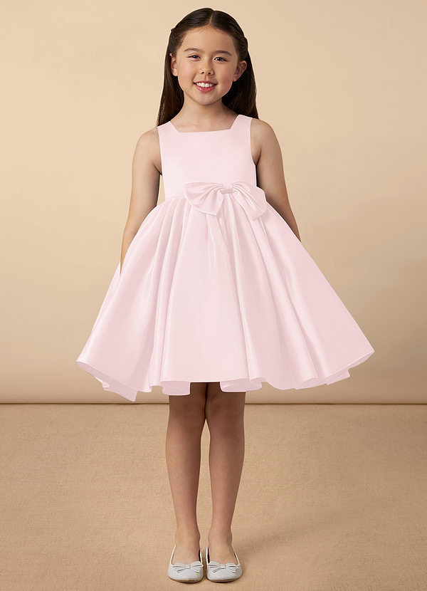 Azazie Bo Peep Flower Girl Dresses Blushing Pink A-Line Bow Matte Satin Dress image1