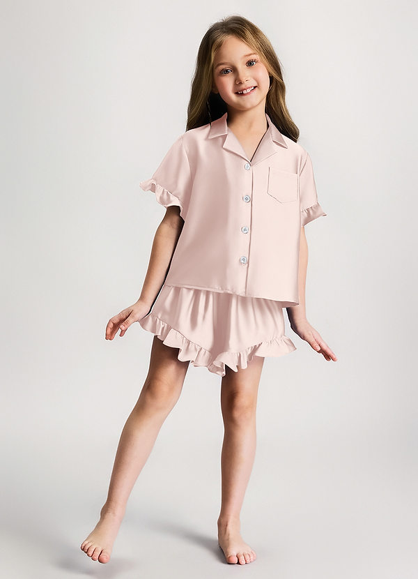 front Rødmende Pink Pigernes pyjamassæt med korte ærmer og flæser