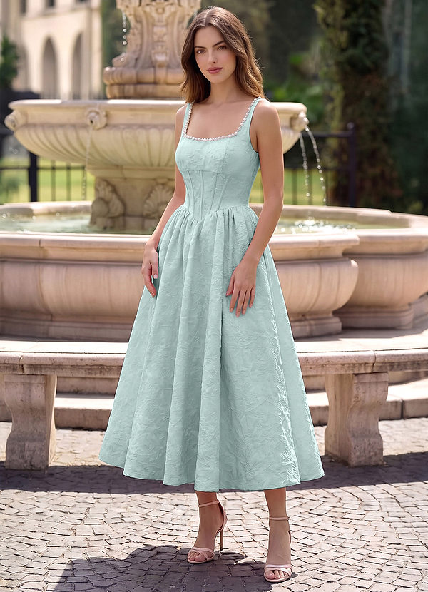 Sephone Mint Green Square Neck Pearl Corset Midi Dress image1