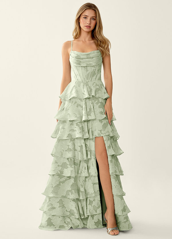 Wrenana Light Green Textured Floral Jacquard Prom Dress image1