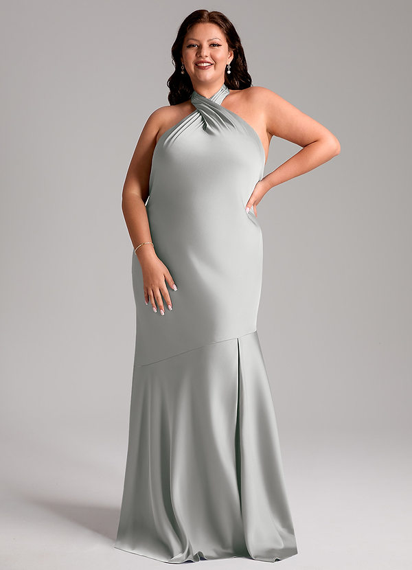 Azazie Lorena Robes Demoiselle d'honneur Robe Sirène en Satin extensible Plissée Argent image1