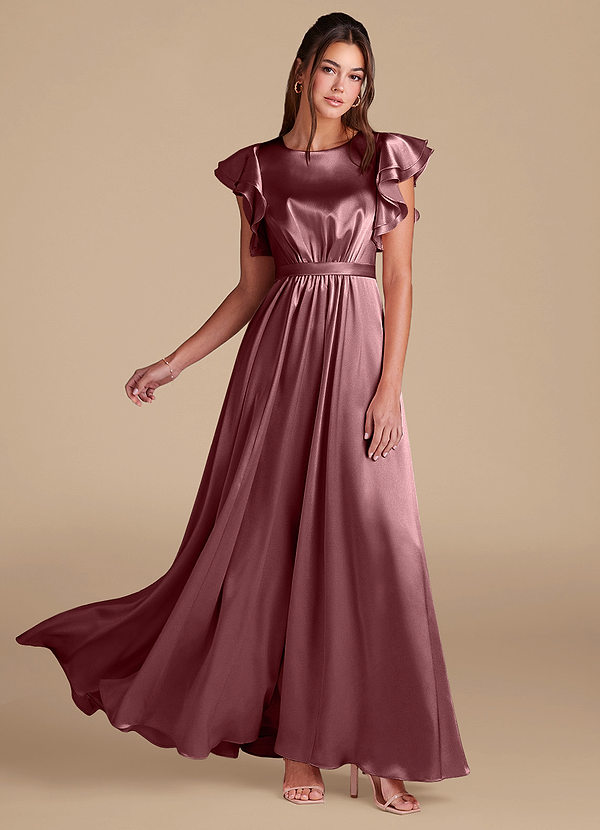 Azazie Daphne Abiti da damigella modesti Abito A-Line Increspato Raso Metallizzato Floor-Length image1