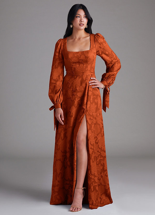 Azazie Leonia Bridesmaid Dresses Paprika A-Line Long Sleeve Floral Burnout Dress image1